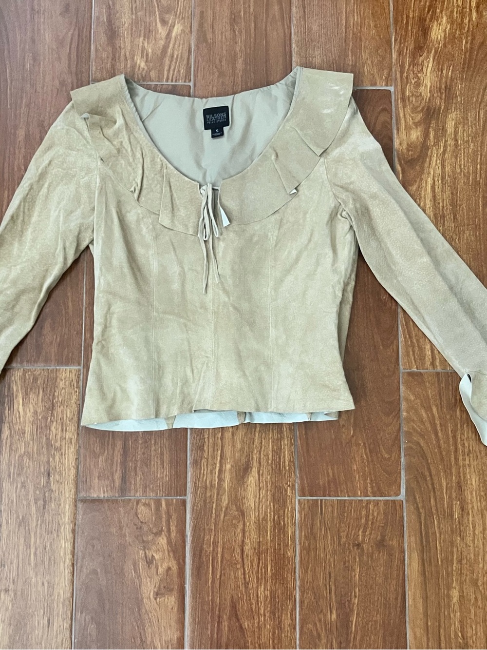 Wilsons Leather Beige Ruffle-Neck Long Sleeve Top